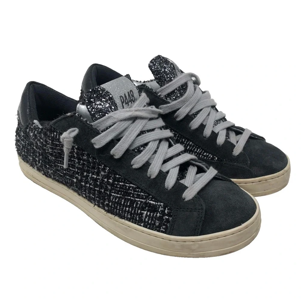 P448 John Shaka‎ Low Top Sneakers Womens 37 6.5 Black Tweed Lace Up Streetwear